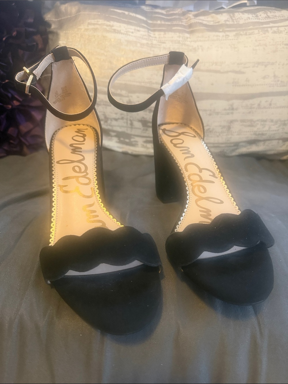 Sam Edelman Black Scalloped Ankle-Strap Block Heels